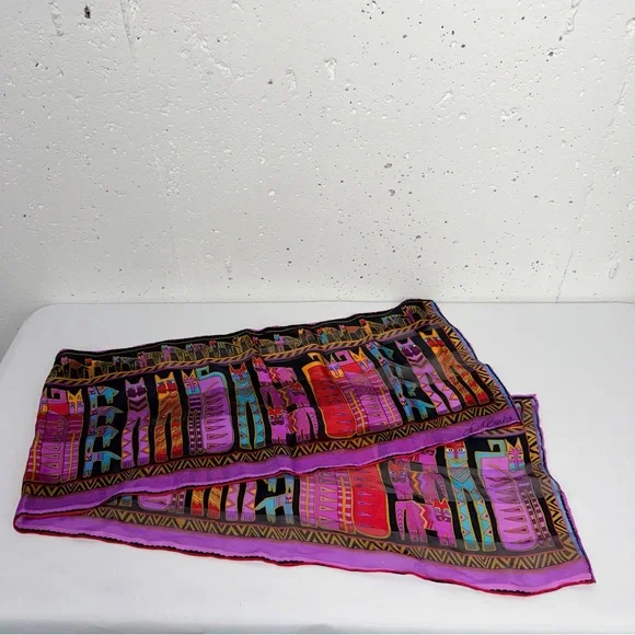 Laurel Burch Purple And Black Silk Cat Scarf 10.5 x 53” - Picture 3 of 12